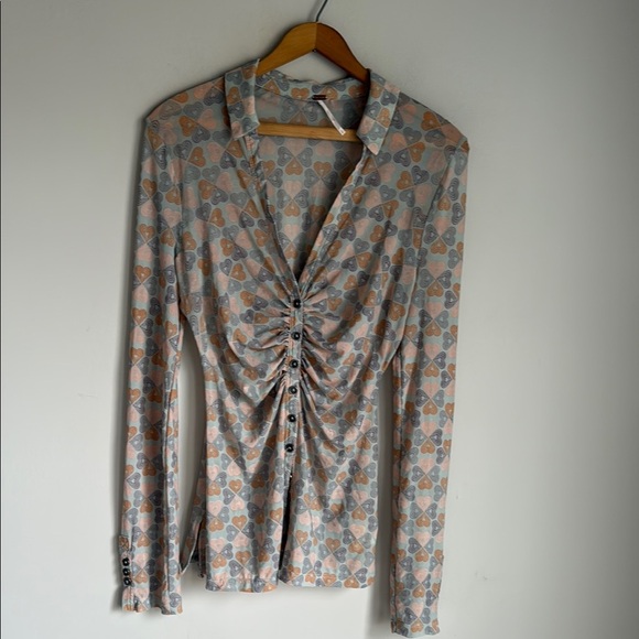 FREE PEOPLE Lucky Shirtee Mesh Sheer Top Button Front Mint Combo Small - Picture 2 of 10